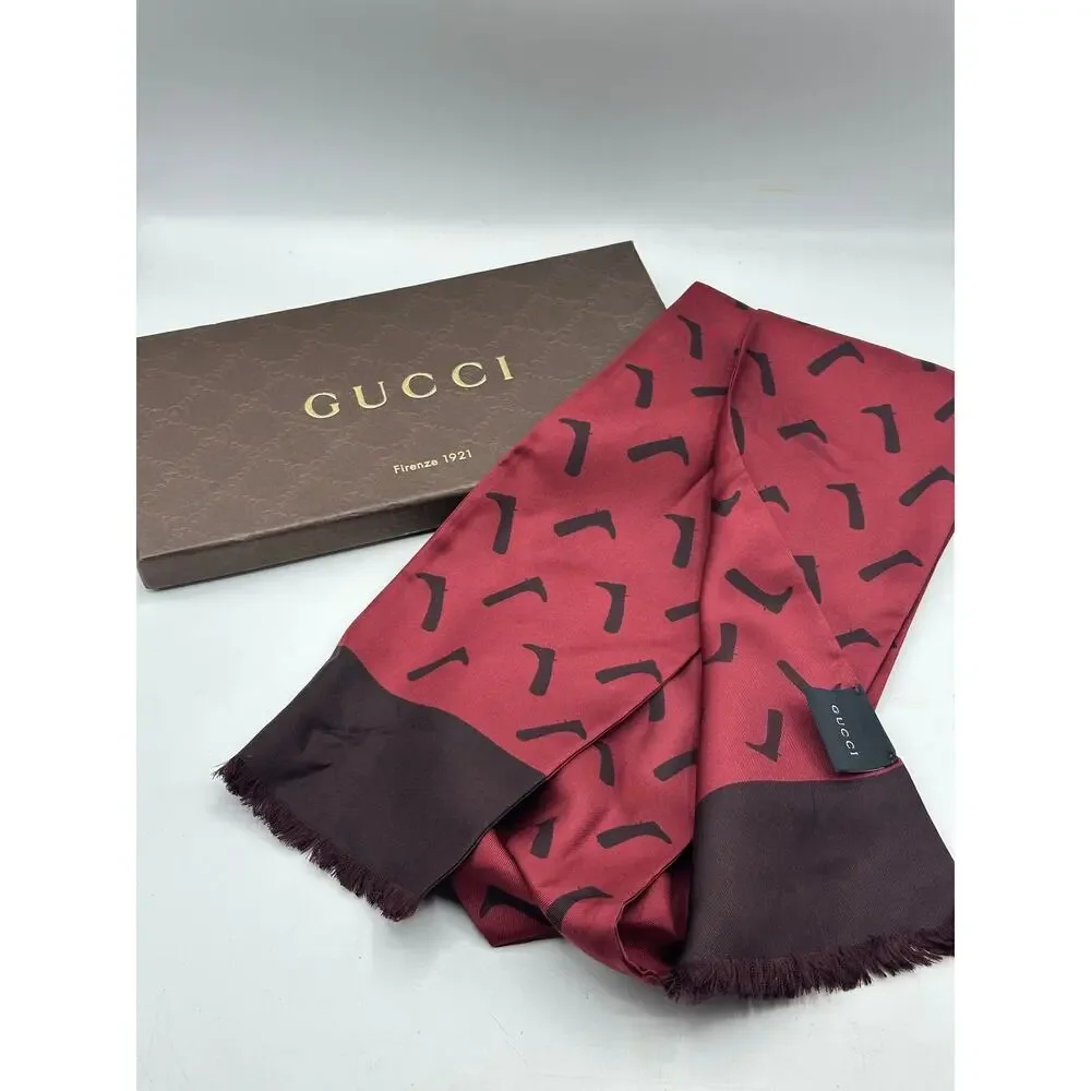 GUCCI Silk Cowboy Print Fringe Scarf Ascot Twilly Maroon Red 53